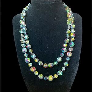 Vintage Aurora Borealis Faceted Crystal Bead Opera Length Necklace